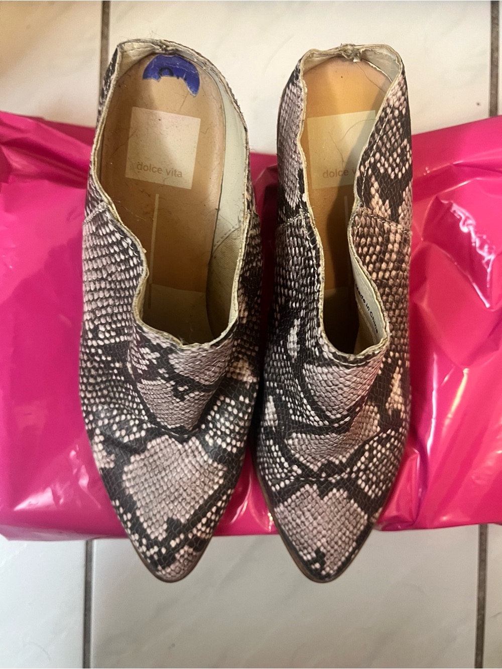 Dolce Vita Snake-Print Pointed Slip-On Heeled Booties in Pink and Black